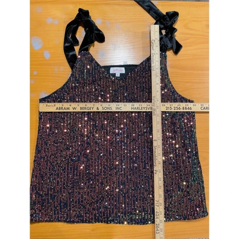 NEW XL Sequin Tank Top Girls Night Out V Neck Velvet Tie Strap Sparkle Jess Lea